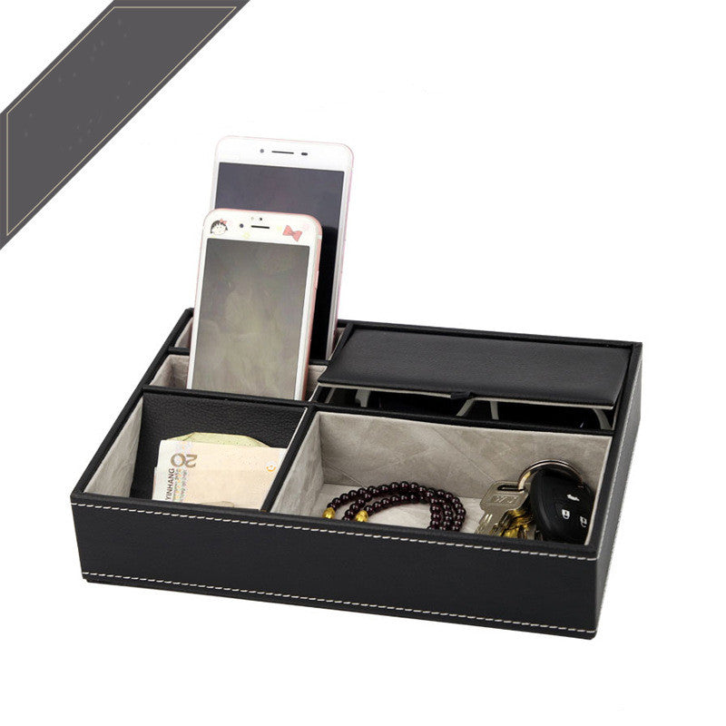 Lowember Valet Tray — black PU leather organizer with compartments